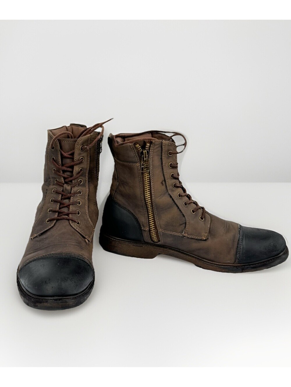 Dockers Men’s 10M Combat Boots Brown Cap Toe Lace-Up Zip Leather Look Rugged